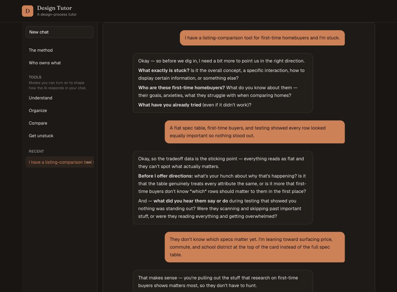 A real Design Tutor conversation, showing the tutor responding to a stuck designer with clarifying questions instead of a proposed solution